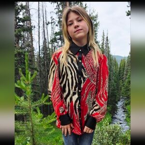 Gorgeous WD.NY Women's Red and Black Animal Print Shirt ~ Size Small
